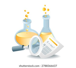 Yellow liquid bubbles rise in lab flasks. Magnifying glass focuses on Einstein's equation. Scientific discovery feels imminent and real. Ideal for education, research, or innovation themes