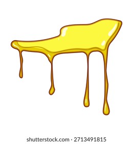 Líquido amarillo goteando hacia abajo, creando una textura desordenada, pegajosa y pegajosa, aislada sobre un fondo blanco, que representa conceptos de flujo, comida dulce o pintura