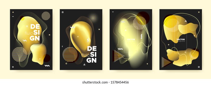 Yellow Liquid Shapes. Luxury Abstract Pattern. Graphic Golden Wave Poster. Vector Contemporary Brochure. Gold Liquid Background. Glow Abstract Banner. Bright Fluid Poster. Fashion Liquid Gradient.