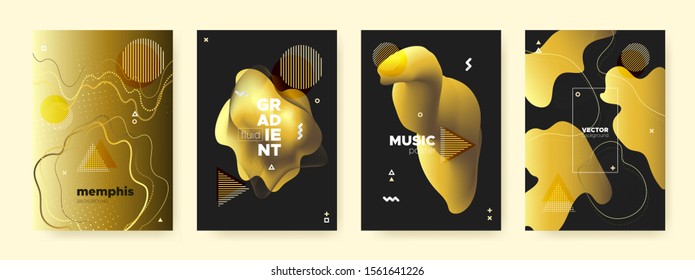Yellow Liquid Shapes. Vector Memphis Pattern. Luxury Gold Wave Design. Fashion Contemporary Brochure. Bright Liquid Gradient. Golden Abstract Pattern. Glow Fluid Poster. Graphic Liquid Background.