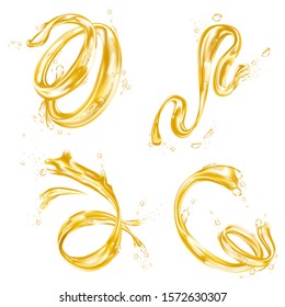 Yellow liquid splash and abstract flow drops, vector realistic isolated 3d on white background. Yellow wave swirls and drip flow splashes of fruit juice, honey or transparent cosmetic oil with bubbles