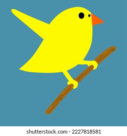 yellow little bird or chick perched on a tree branch. simple flat illustration isolated on blue background