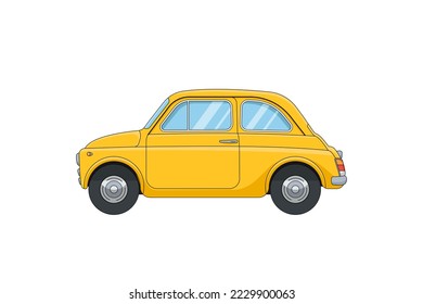 Pequeño auto amarillo al estilo de las caricaturas. Automóvil vintage de la ciudad europea. Ilustración plana del vector