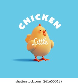 Yellow little chicken, 3D. Cheerful, funny chicken character on a blue background. Domestic farm bird. Vector illustration.
