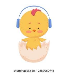 Yellow little chicken in shell, listening to music headphones. Cute vector isolated character. Front view. Easter fluffy birth symbol. Color print for printing on clothes, notepads