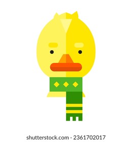 Yellow little duck wearing green scarf flat vector icon. Cartoon drawing of little bird in winter accessory isolated on white background. Toy character, animal, nature, zoo concept