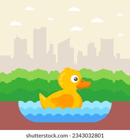 yellow little duckling swims in the lake. flat vector illustration