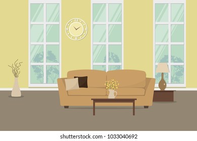Yellow living room with a beige sofa. There is also a table with flowers and vase with decorative branches on a window background in the image. There is a clock on the wall here. Vector illustration
