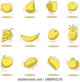 Yellow livitating isolated fruits set icons with shadows and strokes without background