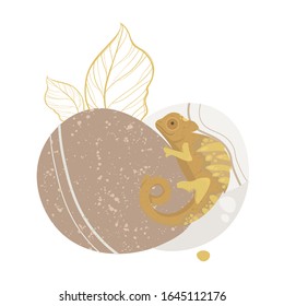 Yellow lizard chameleon isolated on white background. The wild animal is surrounded by abstract stone, plants and leaves. Sienna, pastel, gold colours.