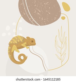 Yellow lizard chameleon isolated on white background. The wild animal is surrounded by abstract stone, plants and leaves. Sienna, pastel, gold colours.
