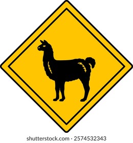 Yellow Llama Road Sign Vector Icon. Alpaca. Road Sign Warning Animals Crossing Road. Zoo Sticker