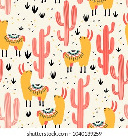 Yellow llamas and red cacti seamless pattern with lovely llamas and cacti in vector. 