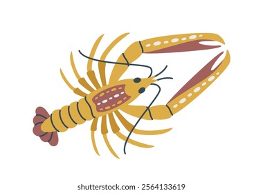 Yellow lobster with dotted details, large claws, and thin antennae, isolated on a white background, ideal for seafood, marine, and culinary themes. Flat vector illustration