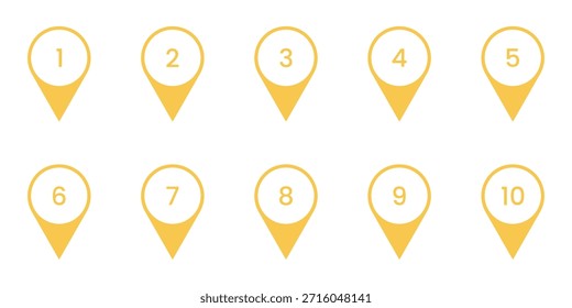Yellow Location Pin Icon Set. Map Pin with Number. Gold Pointer Icons Collection. Isolated Vector Illustration.
