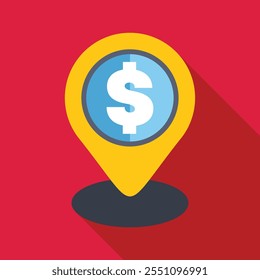 Pino de localização amarelo apontando para um círculo azul com um sinal de dólar branco, ilustrando o conceito de localização do dinheiro