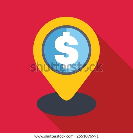 Yellow location pin pointing at a blue circle with a white dollar sign, illustrating the concept of money location