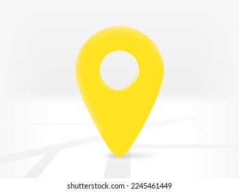 Yellow location pin with road map. 3d vector isolated illustration