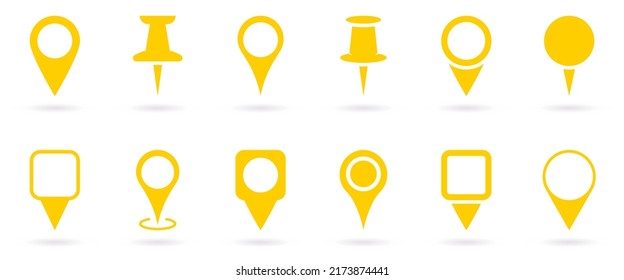 Yellow Location Pins Set Silhouette Icon. Pointer Navigation Symbol. Marker Point on Map, Place Location Pictogram. Thumbtack Sign. Yellow GPS Tag Collection. Isolated Vector Illustration.