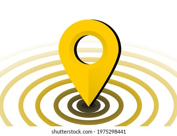 Yellow location symbol in the middle of page with the yellow line circle area on white background with free copy space. Golden location or good location concepts. Flat design of vector illustration.