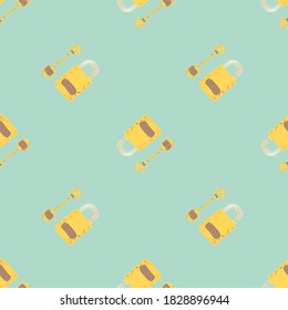 Yellow lock and keys silhouettes seamless doodle pattern. Vintage print on light turquoise background. Designed for wallpaper, textile, wrapping paper, fabric print. Vector illustration.