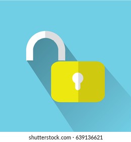yellow lock open icon vector, flat design, unlock
