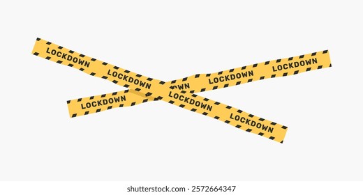 Yellow lockdown tape crossed, warning tape with 'LOCKDOWN' text. Lockdown symbol, caution tape for safety. Yellow tape for lockdown, warning and caution. Vector element isolated on white.