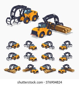 Yellow log loader. 3D lowpoly isometric vector illustration. The set of objects isolated against the white background and shown from different sides