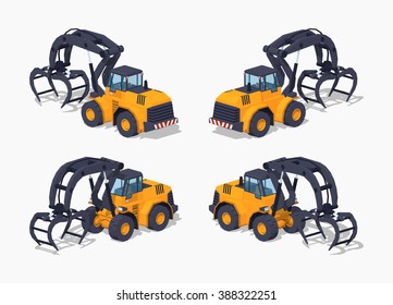 Yellow log loader. 3D lowpoly isometric vector illustration. The set of objects isolated against the white background and shown from different sides