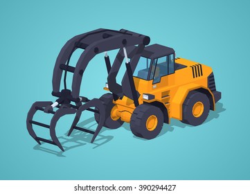 Yellow log loader against the blue background. 3D lowpoly isometric vector illustration