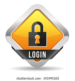 Yellow log-in button with steel border and ribbon on white background