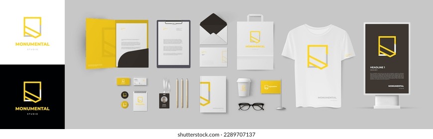 Diseño de estilo corporativo con logotipo amarillo. Presentación de diseño de marca corporativa con fondo naranja y logotipo geométrico. Plantilla de identidad corporativa con carpeta A4, tarjeta de visita, sobre y membrete