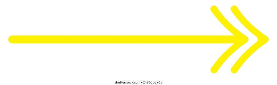 Yellow long arrow pointing to the right. Straight long arrow icon, right thin line, yellow cursor, horizontal element, thick pointer vector long arrow icon isolated on white background.