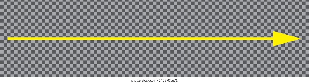 Yellow long arrow to the right. Straight long arrow, right thin line, vector, isolated. Yellow arrow isolated on transparency background,