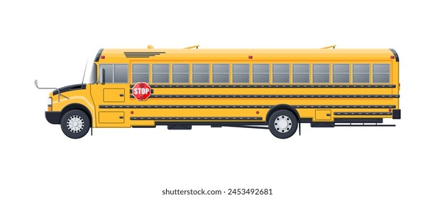 Yellow long classic school bus. Kids riding schoolbus transportation. Education transport. Vector illustraation in flat style