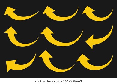 Yellow long curve arrow icon vector. Hand drawn curved arrows. Set of curved arrows isolated on black background. Flat style icons. Arrow icon for web site design, logo, app, UI. Vector illustration