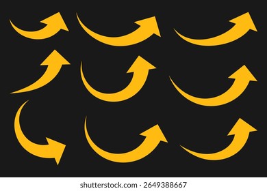 Yellow long curve arrow icon vector. Hand drawn curved arrows. Set of curved arrows isolated on black background. Flat style icons. Arrow icon for web site design, logo, app, UI. Vector illustration