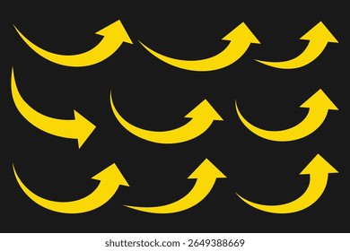 Yellow long curve arrow icon vector. Hand drawn curved arrows. Set of curved arrows isolated on black background. Flat style icons. Arrow icon for web site design, logo, app, UI. Vector illustration