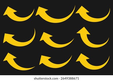 Yellow long curve arrow icon vector. Hand drawn curved arrows. Set of curved arrows isolated on black background. Flat style icons. Arrow icon for web site design, logo, app, UI. Vector illustration