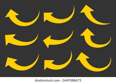 Yellow long curve arrow icon vector. Hand drawn curved arrows. Set of curved arrows isolated on black background. Flat style icons. Arrow icon for web site design, logo, app, UI. Vector illustration