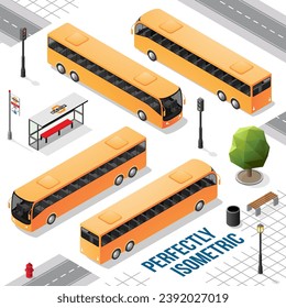 Autobús isométrico amarillo largo desde la parte delantera derecha e izquierda aislado en blanco