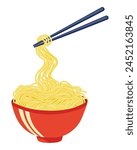 Yellow long noodles ramen in a red bowl with chopsticks. Oriental asian food. Vector illustration. 