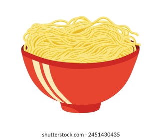 Yellow long noodles ramen in a red bowl. Oriental asian food. Vector illustration.