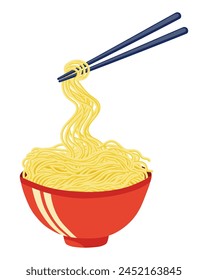 Yellow long noodles ramen in a red bowl with chopsticks. Oriental asian food. Vector illustration. 