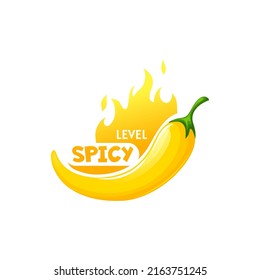 Yellow long pepper and burning flame scale of flavor of spicy vegetarian food, flavoring seasoning condiment bell whole paprika. Chili pepper spicy level scale, medium fiery food and fastfood