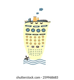 Yellow long shape cute cartoon ship with different elements creative flat style