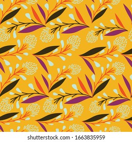 Yellow with long stems and whimsical florals seamless pattern background design.