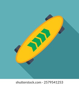 Yellow longboard skateboard with green arrows design standing on a blue background