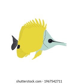 Yellow long-nosed butterfly fish. Sea fish. Vector illustration.