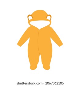 Yellow long-sleeve hooded jumpsuit. Flat style romper with hood. Baby clothing. Isolated vector illustration 